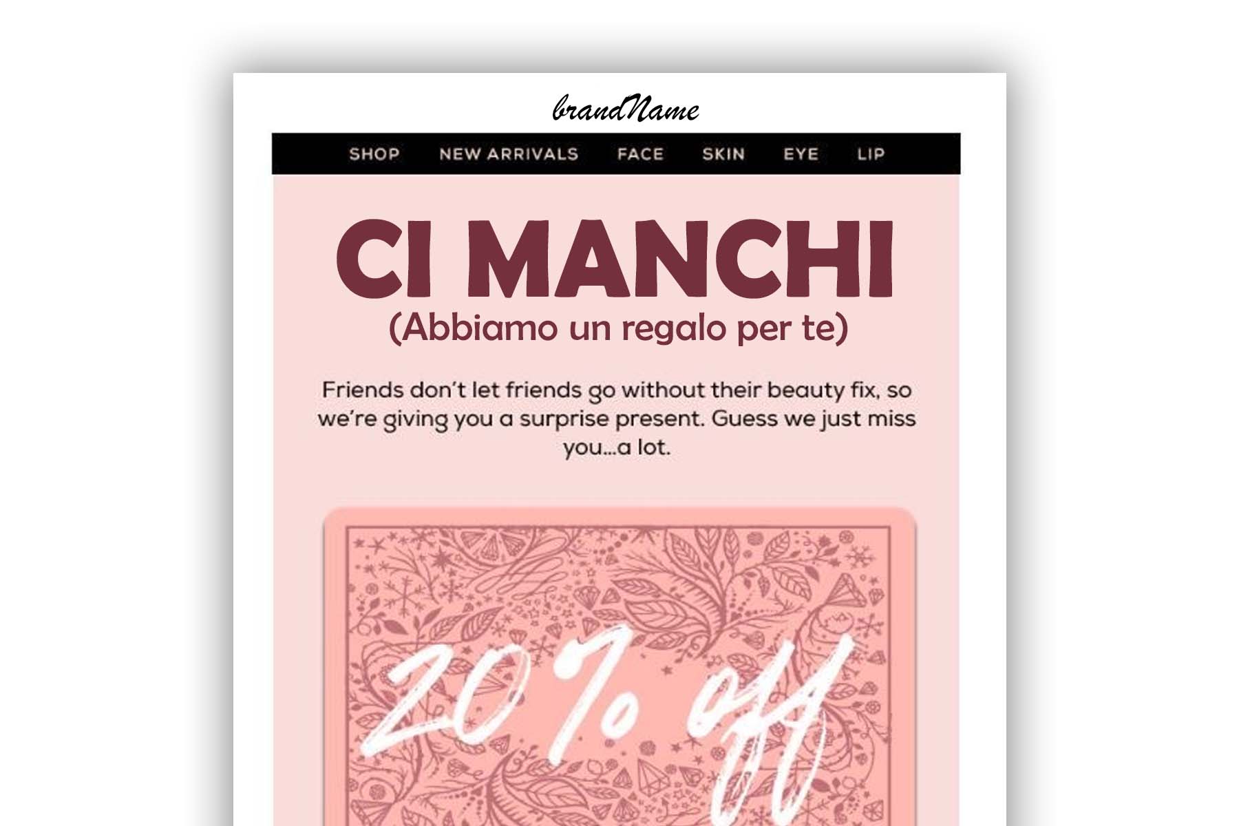 Un esempio di email di winback: con il titolo Ci Manchi si introduce una offerta/sconto se il Cliente torna ad acquistare.